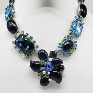 Oscar de la Renta Blue Glass and Swarovski Crystal Flower Statement Necklace